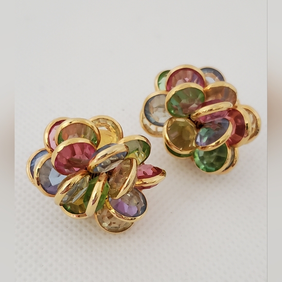 Vintage Pastel Crystal Cluster Earrings Uranium Glass Multi-layer - Picture 3 of 9